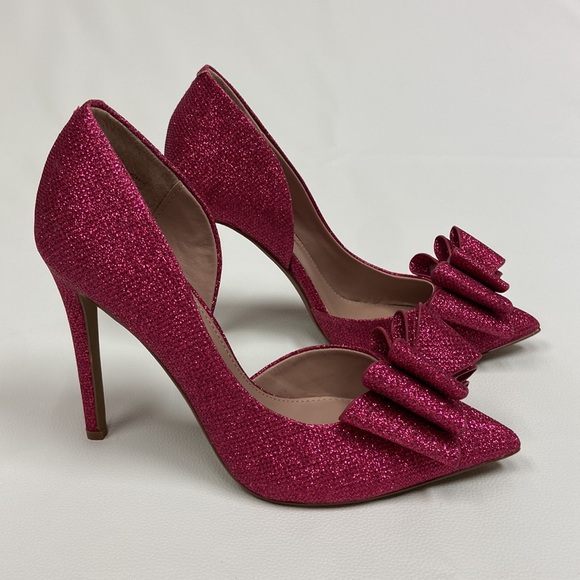 NWT Betsey Johnson Valentines Pink Glitter Stiletto Heels big bow size 7 NIB - Picture 3 of 15